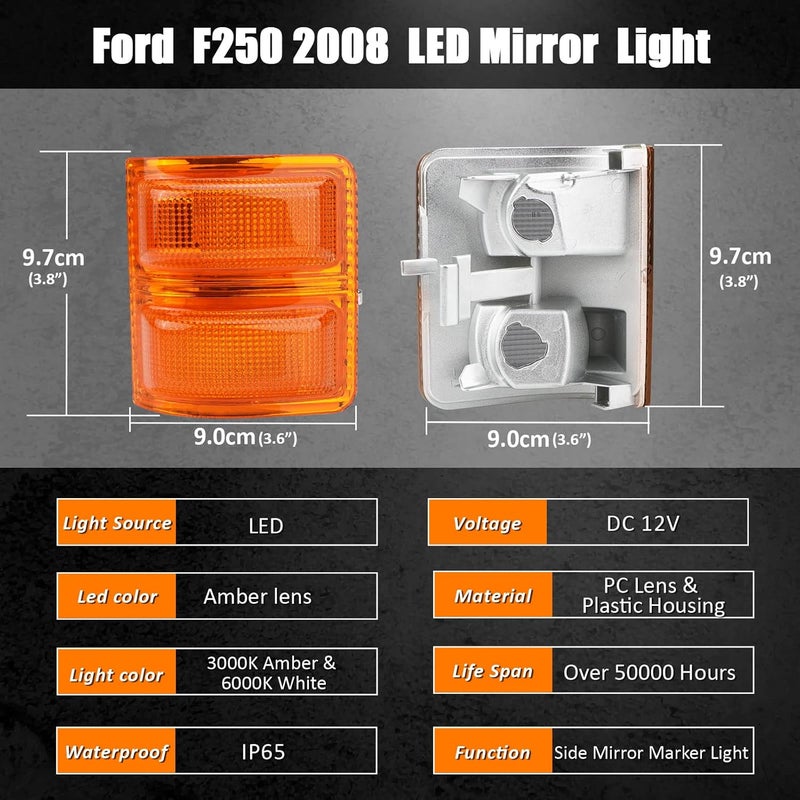 Best View Signal Mirror Lights, Amber Lens Side Marker Lamp for 2008-2016 Ford F250 F350 F450 F550 Super Duty for Pickup Truck,Amber & White led Turn Signal Light Aftermarket Replacement,2 PCS - Image 5